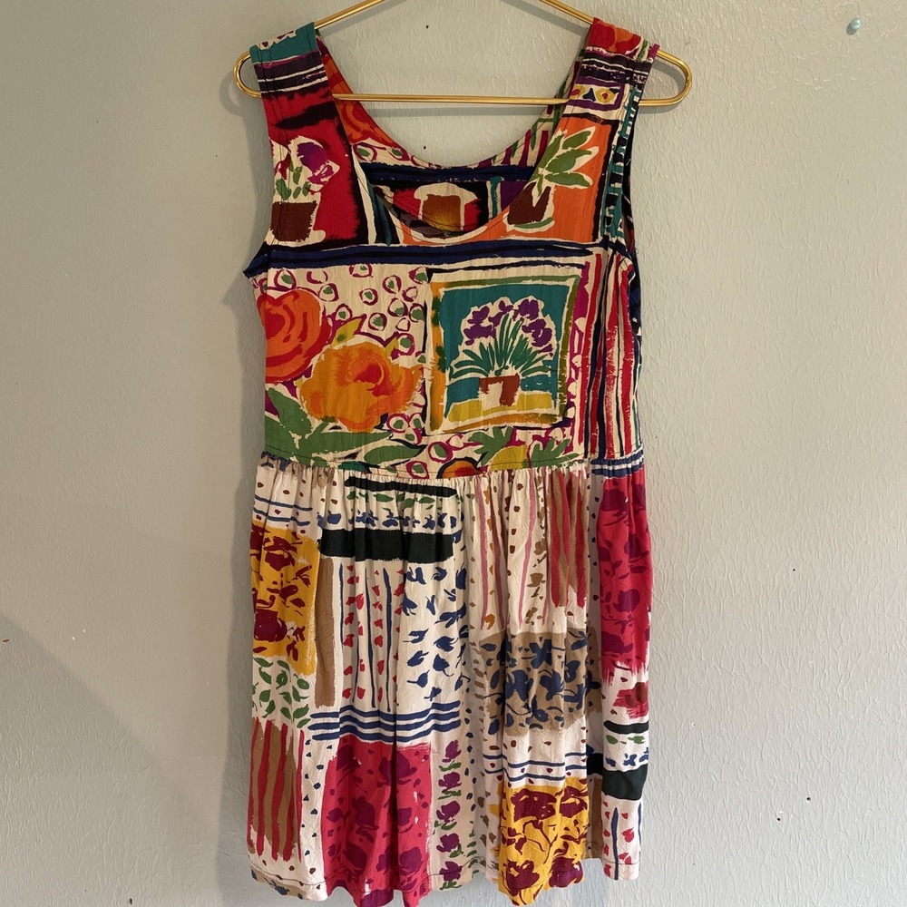 Vtg Jams World Tropical Boho Hawaiian Hattie Patchwork Fruit Babydoll Dress M